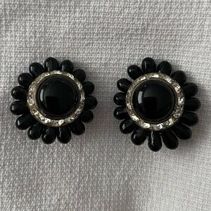 Black Floral Cluster Clip-on Earrings with Crystal Halo